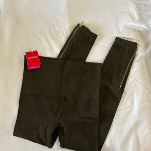 SPANX Deep Olive Leggings with Gold Accents